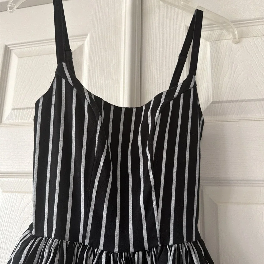Pinup Couture Dress XS Black White Stripe Fit Flare Midi Pockets Lined Boning